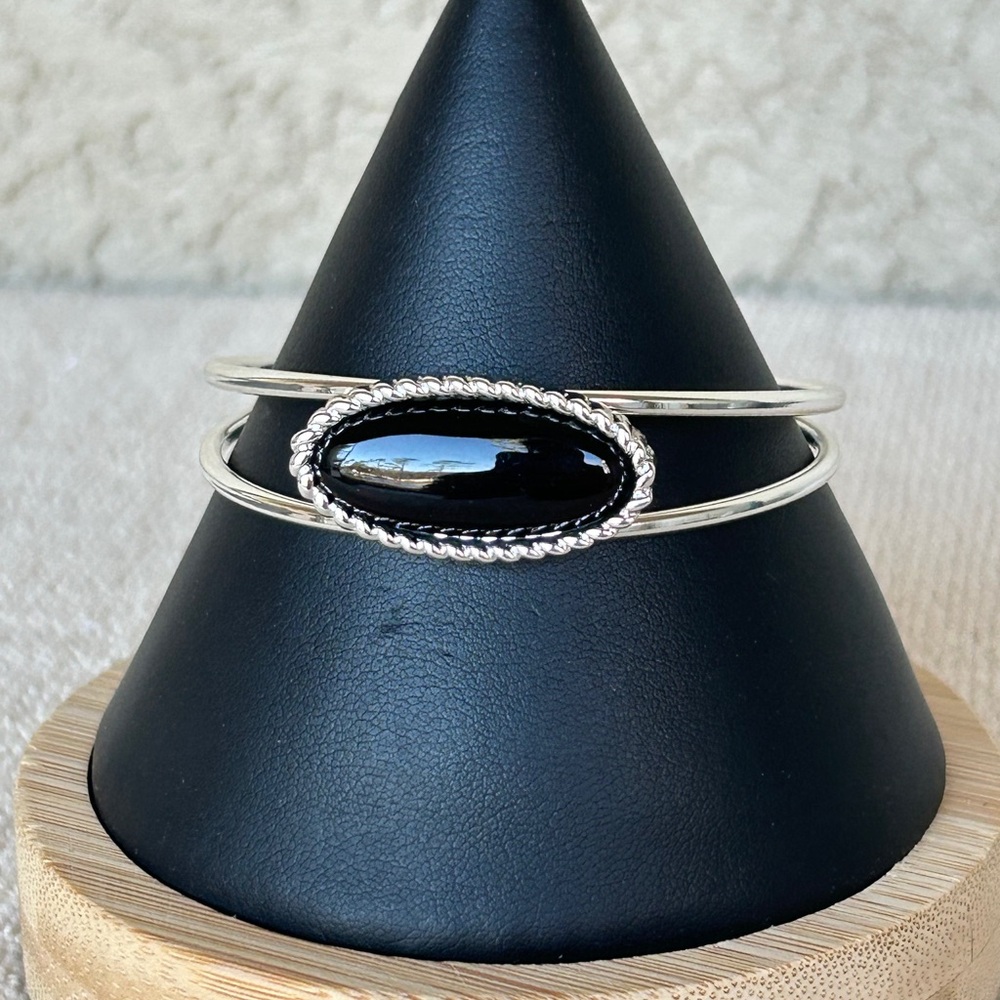 Contemporary Silver and Black Stone Cuff